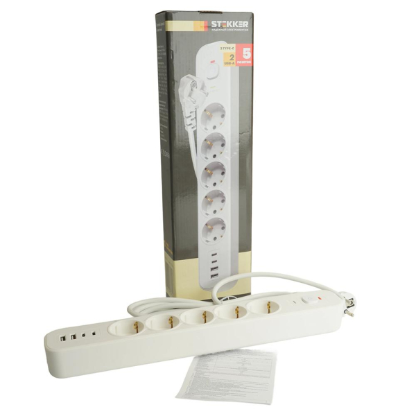 Сетевой фильтр 5-местный с/з STEKKER 3x1мм2, 5 м, 250В, 16А, 2 USB-A+2 Type-C 3, серия Nova, белый