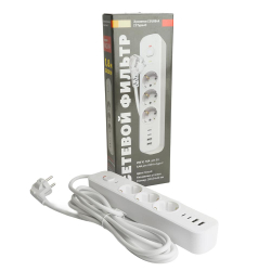 Сетевой фильтр 3-местный с/з STEKKER 3x1мм2, 1,8 м, 250В, 16А, 2 USB-A+2 Type-C, серия Nova, белый