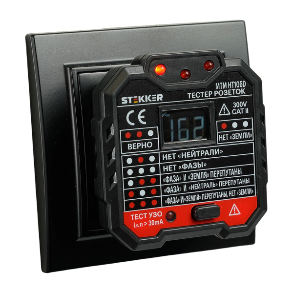 Тестер розеток и УЗО, питание от сети 230V, черный MTM HT106D 49997