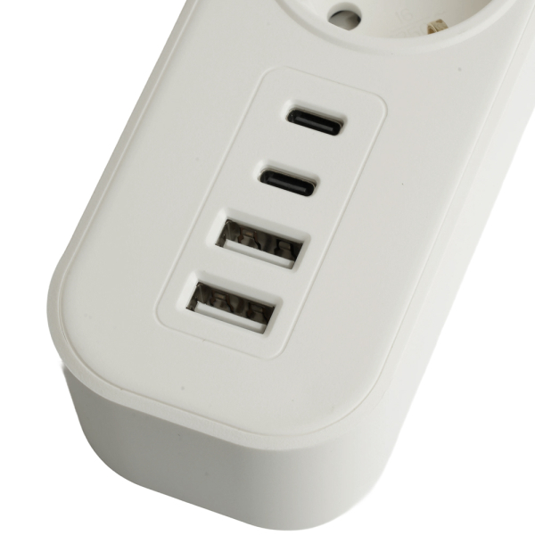 Сетевой фильтр 3-местный с/з STEKKER 3x1мм2, 3 м, 250В, 16А, 2 USB-A+2 Type-C 3, серия Nova, белый