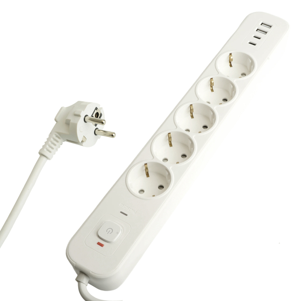 Сетевой фильтр 5-местный с/з STEKKER 3x1мм2, 5 м, 250В, 16А, 2 USB-A+2 Type-C 3, серия Nova, белый