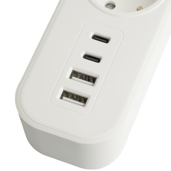 Сетевой фильтр 5-местный с/з STEKKER3x1мм2, 1,8 м, 250В, 16А, 2 USB-A+2 Type-C, серия Nova, белый