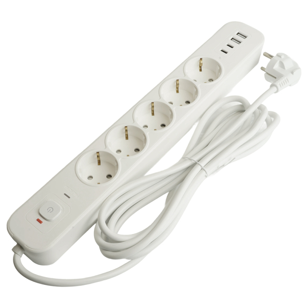 Сетевой фильтр 5-местный с/з STEKKER3x1мм2, 1,8 м, 250В, 16А, 2 USB-A+2 Type-C, серия Nova, белый