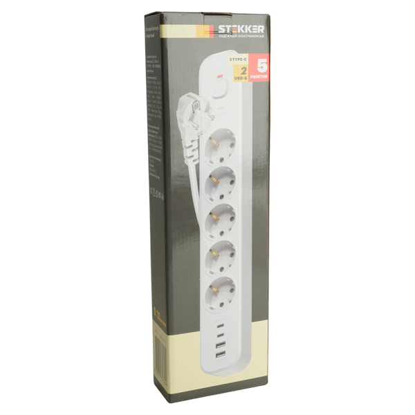 Сетевой фильтр 5-местный с/з STEKKER3x1мм2, 1,8 м, 250В, 16А, 2 USB-A+2 Type-C, серия Nova, белый