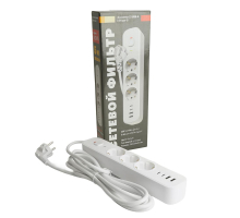 Сетевой фильтр 3-местный с/з STEKKER 3x1мм2, 5 м, 250В, 16А, 2 USB-A+2 Type-C 3, серия Nova, белый