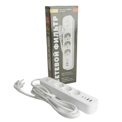 Сетевой фильтр 3-местный с/з STEKKER 3x1мм2, 5 м, 250В, 16А, 2 USB-A+2 Type-C 3, серия Nova, белый