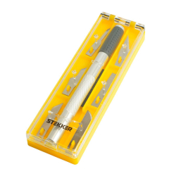 Нож макетный с алюминиевой рукояткой, 0,5 мм, кейс, 6 лезвий в комплекте, Stekker KMU-41-S 50197