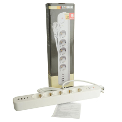 Сетевой фильтр 5-местный с/з STEKKER 3x1мм2, 3 м, 250В, 16А, 2 USB-A+2 Type-C 3, серия Nova, белый