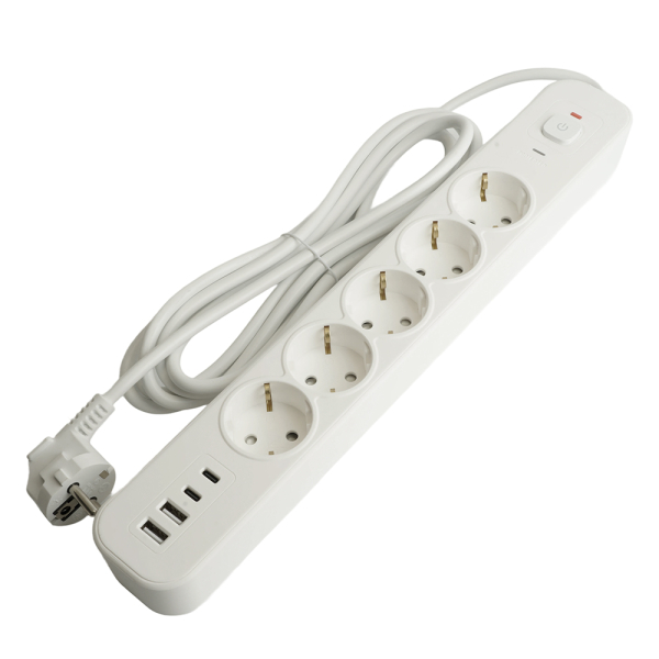 Сетевой фильтр 5-местный с/з STEKKER 3x1мм2, 5 м, 250В, 16А, 2 USB-A+2 Type-C 3, серия Nova, белый