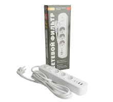 Сетевой фильтр 3-местный с/з STEKKER 3x1мм2, 3 м, 250В, 16А, 2 USB-A+2 Type-C 3, серия Nova, белый