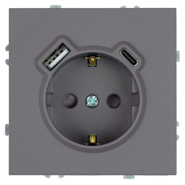 Розетка 1-местная з/ш с/з 16А + USB + Type C (механизм), Stekker, 250В, 20W Эмили, платиново-серый, soft-touch, RST16-5119-10 50219