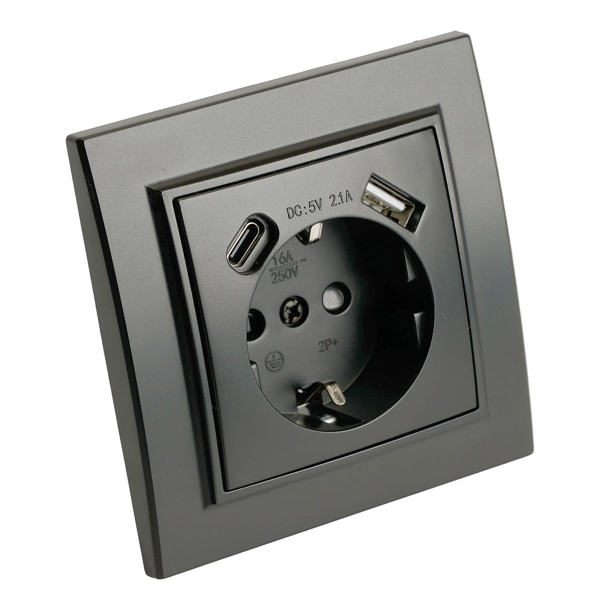 Розетка 1-местная с/з Stekker, PST16-9016-03, 250В, 16А с USB+ type C Эрна, черный 50078