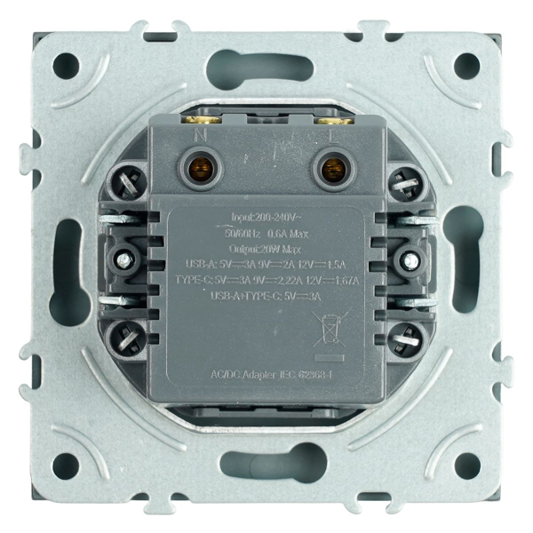 Розетка 2-местная USB + Type C (механизм), Stekker, 250В, 20W Эмили, RST10-5115-09, антрацит, soft touch 49931