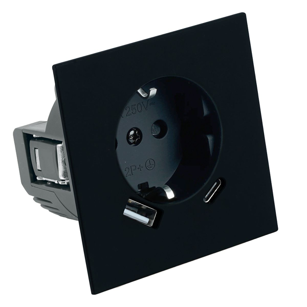 Розетка 1-местная з/ш с/з 16А + USB + Type C (механизм), Stekker, 250В, 20W Мия, RST16-3119-05, черный бархат 50452