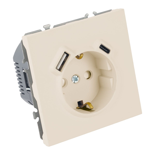 Розетка 1-местная з/ш с/з 16А + USB + Type C (механизм), Stekker, 250В, 20W Эмили, RST16-5119-08, кашемир, soft touch 50360