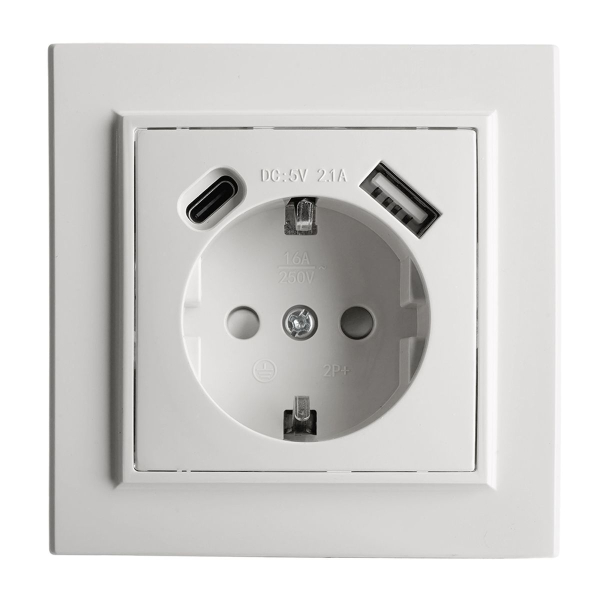 Розетка 1-местная Stekker, PST16-9016-01, 250В, 2.1А с USB+ type C Эрна, белый 50076