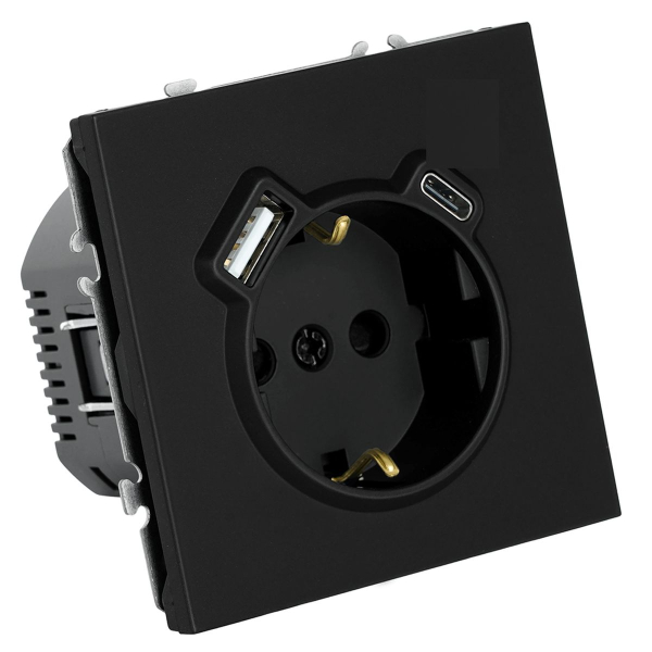 Розетка 1-местная з/ш с/з 16А + USB + Type C (механизм), Stekker, 250В, 20W Эмили, черный уголь, soft-touch, RST16-5119-05 50218