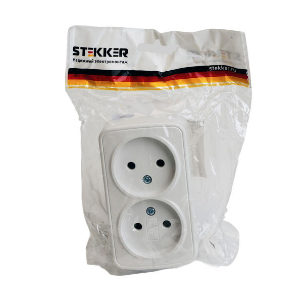 Розетка накладная 2-местная б/з Stekker, PST10-502-20, пластик АВS, 250В, 16А, IP20 Basic, белый 50075