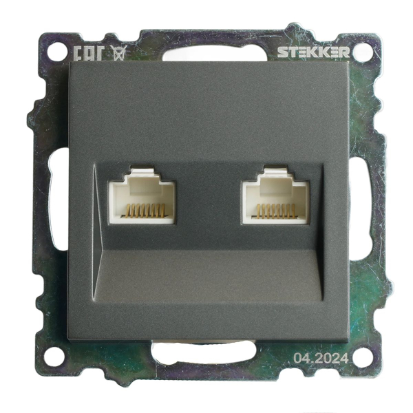 Розетка компьютерная 2-местная RJ-45 (механизм) Stekker GLS00-7109-06 Катрин, графит 50008