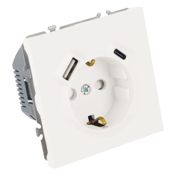 Розетка 1-местная з/ш с/з 16А + USB + Type C (механизм), Stekker, 250В, 20W Эмили, белый фарфор, soft-touch, RST16-5119-01 50217