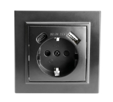 Розетка 1-местная с/з Stekker, PST16-9016-03, 250В, 16А с USB+ type C Эрна, черный 50078