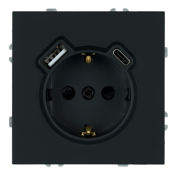 Розетка 1-местная з/ш с/з 16А + USB + Type C (механизм), Stekker, 250В, 20W Эмили, черный уголь, soft-touch, RST16-5119-05 50218