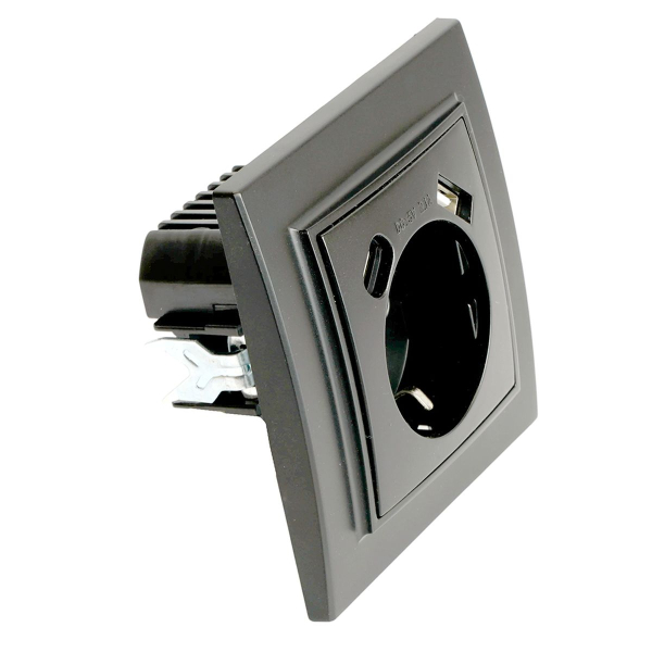 Розетка 1-местная с/з Stekker, PST16-9016-03, 250В, 16А с USB+ type C Эрна, черный 50078