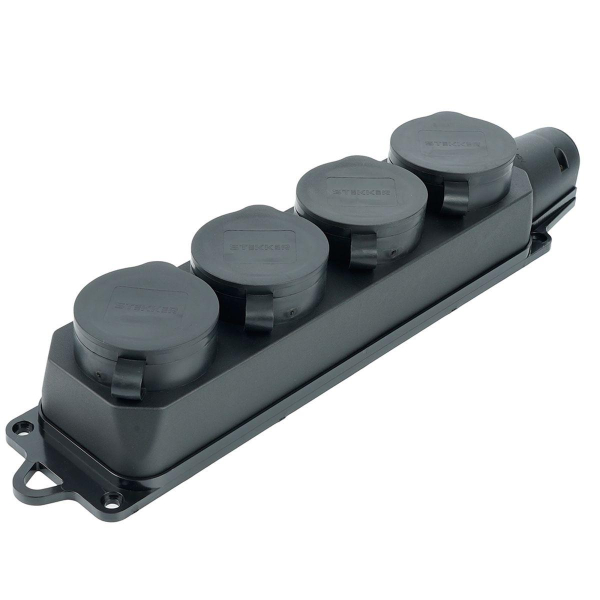 Розетка переносная 4-местная c/з, Stekker, RST16-24-44, 250В, 16А, IP44, черный 39019