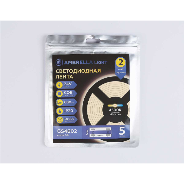 Светодиодная лента Ambrella Light GS4602 COB 384Led/ 7W m/ 24V IP20 4500K/ 5m*3mm*2mm (2 конт.) GS4602