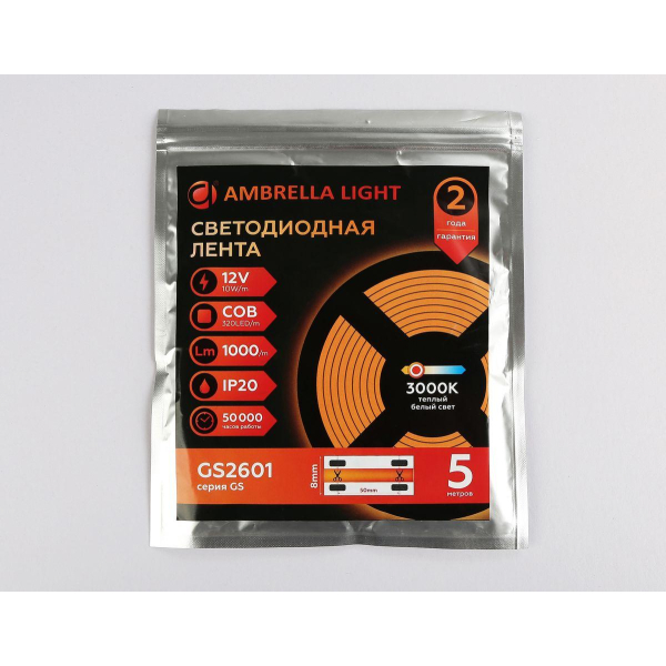Светодиодная лента Ambrella Light 10W/m 320LED/m COB теплый белый 5M GS2601 Светодиодная лента Ambrella Light 10W/m 320LED/m COB теплый белый 5M GS2601