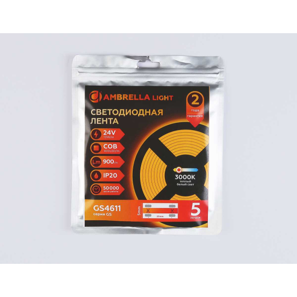 Светодиодная лента Ambrella Light GS4611 COB 400Led/10W m/ 24V IP20 3000K/ 5m*5mm*2.1mm (2 конт.) GS4611