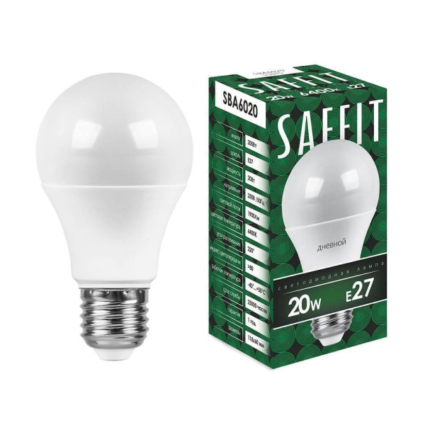 Лампа светодиодная Saffit E27 20W 6400K Шар Матовая SBA6020 55015 Лампа светодиодная Saffit E27 20W 6400K Шар Матовая SBA6020 55015