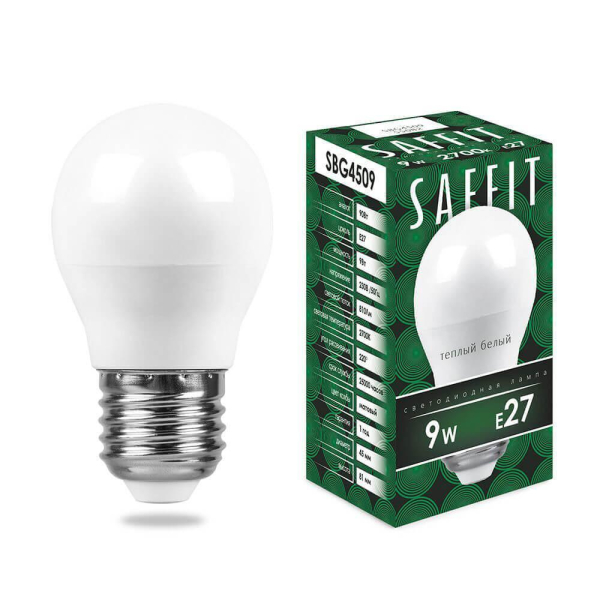 Лампа светодиодная Saffit E27 9W 2700K Шар Матовая SBG4509 55082 Лампа светодиодная Saffit E27 9W 2700K Шар Матовая SBG4509 55082